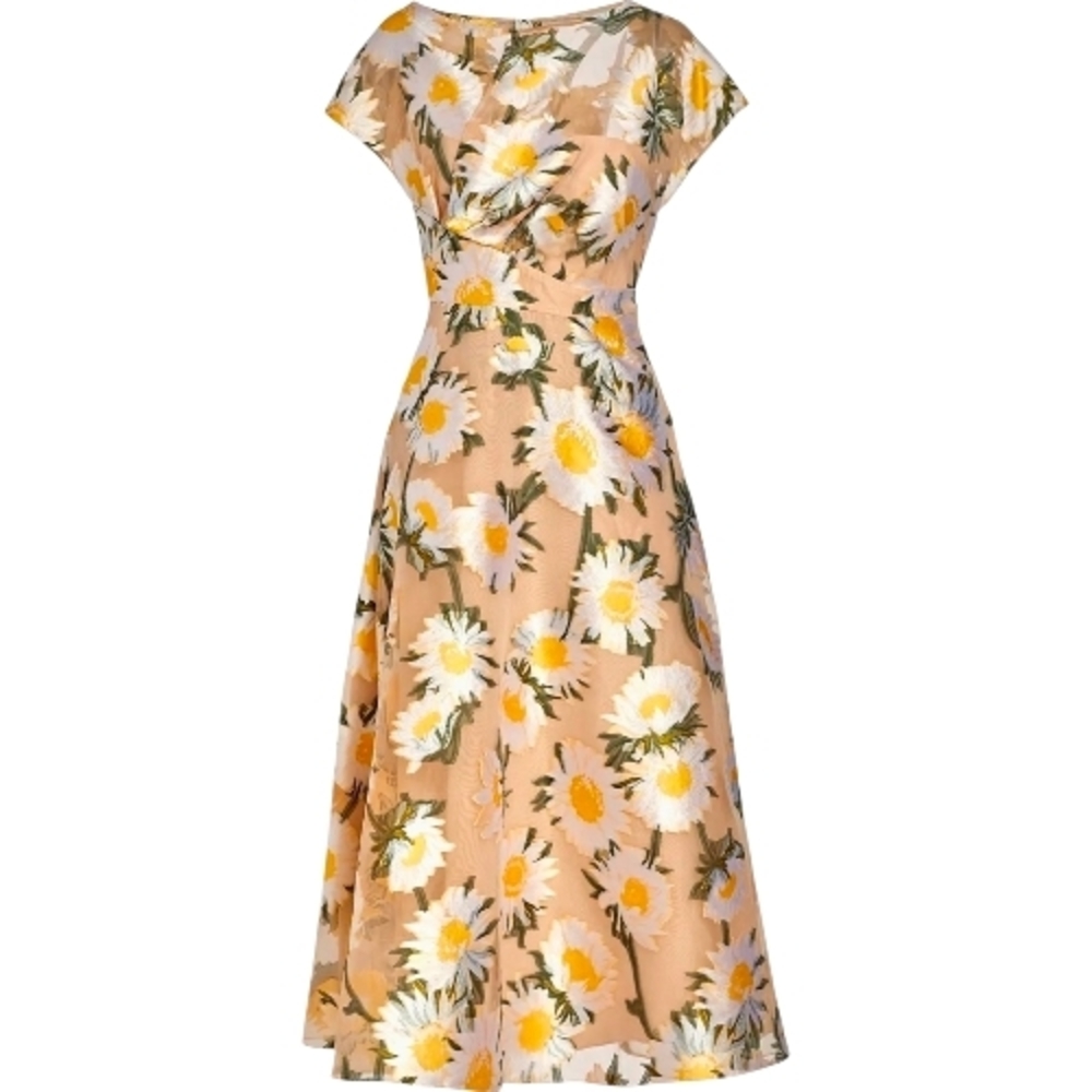 Lela Rose Sunflower Print Beige Midi Dress Boatneck Draped Bodice MSRP $1890 NWT - Picture 7 of 16